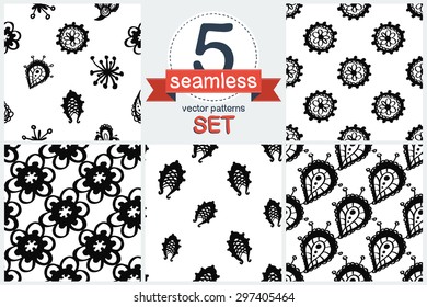 Hand Drawn paisley and mehendi floral graphic black line lace fringe, stamen, petal, teardrop, bud, daisy, circle decoration items on white background. Set of 5 vector seamless pattern. Chess grid.