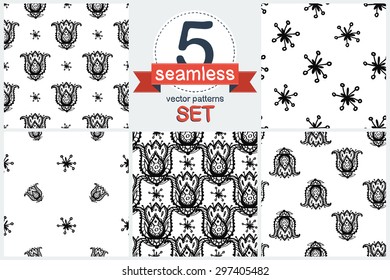 Hand Drawn paisley and mehendi floral graphic black line lace fringe and tulip decoration items on white background. Set of 5 vector seamless pattern. Chess grid order pattern.