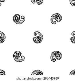 Hand Drawn paisley and mehendi graphic black line lace pickle decoration items on white background. Set of isolated floral wedding decorative elements. Chess grid order