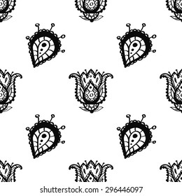 Hand Drawn paisley and mehendi graphic black line lace petal and tulip decoration items on white background. Set of isolated floral wedding decorative elements. Chess grid order