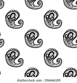 Hand Drawn paisley and mehendi graphic black line lace pickle decoration items on white background. Set of isolated floral wedding decorative elements. Chess grid order