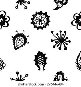 Hand Drawn paisley and mehendi graphic black line lace fringe, stamen, petal, teardrop, bud, daisy, circle decoration items on white background. Set of isolated floral wedding decorative elements.