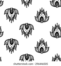 Hand Drawn paisley and mehendi graphic black line lace lotus decoration items on white background. Set of isolated floral wedding decorative elements. Chess grid order