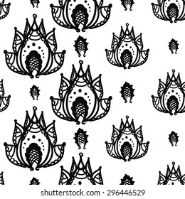Hand Drawn paisley and mehendi graphic black line lace petal and lotus decoration items on white background. Set of isolated floral wedding decorative elements. Chess grid order