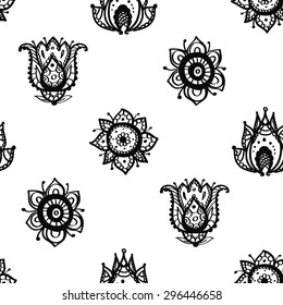 Hand Drawn paisley and mehendi graphic black line lace lotus, tulip, flower, dahlia decoration items on white background. Set of isolated floral wedding decorative elements. Chess grid order