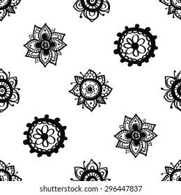 Hand Drawn paisley and mehendi graphic black line lace flower, circle, dahlia, peony decoration items on white background. Set of isolated floral wedding decorative elements. Chess grid order