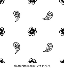Hand Drawn paisley and mehendi graphic black line lace daisy and buta decoration items on white background. Set of isolated floral wedding decorative elements. Chess grid order