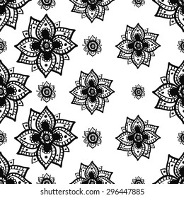 Hand Drawn paisley and mehendi graphic black line lace flower and peony decoration items on white background. Set of isolated floral wedding decorative elements. Chess grid order