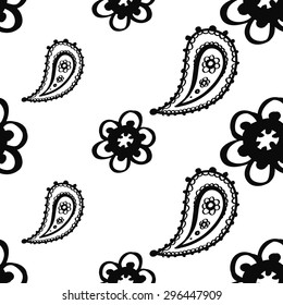 Hand Drawn paisley and mehendi graphic black line lace daisy and buta decoration items on white background. Set of isolated floral wedding decorative elements. Chess grid order