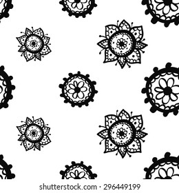 Hand Drawn paisley and mehendi graphic black line lace circle and dahlia decoration items on white background. Set of isolated floral wedding decorative elements. Chess grid order