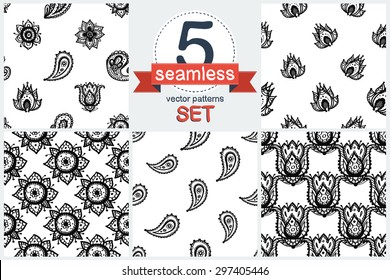 Hand Drawn paisley and mehendi graphic black line lace pickle, lotus, buta, tulip, flower, dahlia, peony decoration items on white background. Set of 5 vector seamless pattern. Chess grid pattern