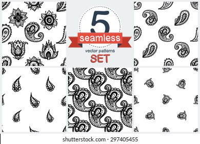 Hand Drawn paisley and mehendi graphic black line lace pickle, lotus, buta, tulip, flower, dahlia, peony decoration items on white background. Set of 5 vector seamless pattern. Chess grid order patter