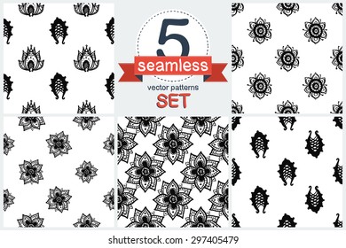 Hand Drawn paisley and mehendi graphic black line lace petal and lotus decoration items on white background. Set of 5 vector seamless pattern. Chess grid order pattern.