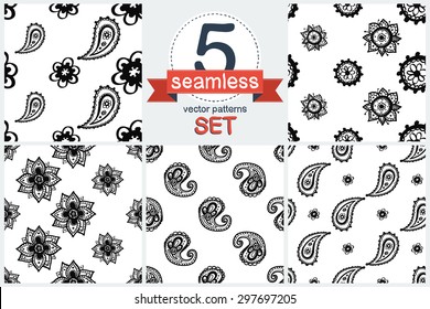 Hand Drawn paisley and mehendi graphic black line lace daisy and buta decoration items on white background. Set of 5 vector seamless pattern. Chess grid order pattern.