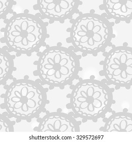 Hand drawn paisley and mehendi soft white seamless pattern. Light color line lace circle decoration items. Winter floral wedding decorative elements. 