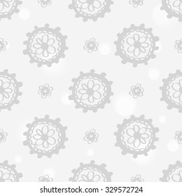 Hand drawn paisley and mehendi soft white seamless pattern. Light color line lace daisy, circle decoration items. Winter floral wedding decorative elements. 