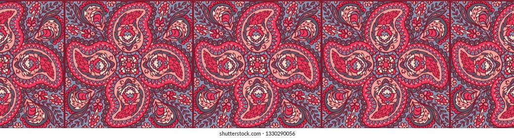 Hand drawn paisley motif illustration. Seamless vector pattern border with traditional arabic indian style foulard drop motif. Decorative stylized shawl or retro bandana design ribbon trim home decor.