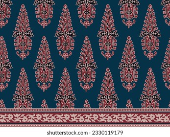 HAND DRAWN PAISLEY PATTERN WITH BORDER AJRAKH BAGRU SANGANER BLOCK PRINT AND BATIK PRINT DIGITAL PRINT SEAMLESS TEXTILE PATTERN IN EDITABLE FILE