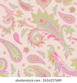 Hand drawn Paisley Pattern. Repeat design for textile, scarf, linens, clothing. Traditional fabric design.