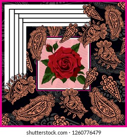 Hand drawn paisley pattern with rose flower. Kerchief, bandanna, shawl, scarf, silk print for fabric. - vector