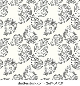 hand drawn paisley seamless pattern, black and white, outlines