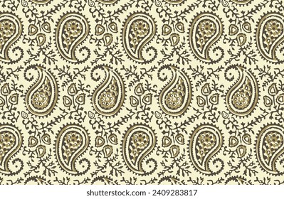 Hand drawn paisley seamless print in block print style vector