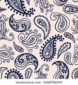 Hand drawn paisley seamless repeat pattern. Random placed, vector heritage boho aop all over surface print on beige background.