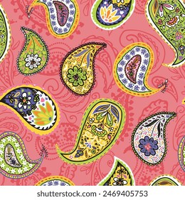 Handgezeichnetes Paisley nahtloses Wiederholungsmuster auf rosa Hintergrund. Zufällig platzierte, Vektorgrafik traditionelle böhmische Aop auf der ganzen Oberfläche mit Schatten bedrucken.