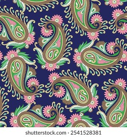 Padrão de vetor sem emenda desenhado à mão, Kalamkari Paisley, 
