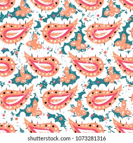 Hand drawn paisley vector seamless pattern with brushstrokes and paint splash. Bold bohemian print with vintage ethnic Indian, Turkish, Arabic motif. coral red colorful print for retro textile