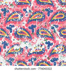Hand drawn paisley vector seamless pattern with brushstrokes and paint splash. Bold bohemian print with vintage ethnic Indian, Turkish, Arabic motif. Bright pink colorful print for retro textile