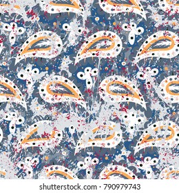 Hand drawn paisley vector seamless pattern with brushstrokes and paint splash. Bold bohemian print with vintage ethnic Indian, Turkish, Arabic motif. Soft blue colorful print for retro textile