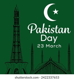 hand drawn pakistan day illustration on green background