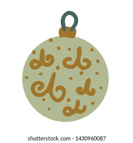 Hand drawn pale green ball with golden decor Christmas tree toys color illustration. Hand drawn clipart. Flat style illustration. Greeting card, poster, design element. Vector