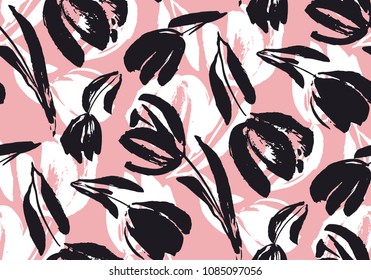 hand drawn pale tulip seamless pattern for background, fabric, wrapping paper. stock template design. nature flat spring flower motif in pink and black color.
