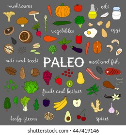 Hand drawn paleo diet food on chalkboard background.