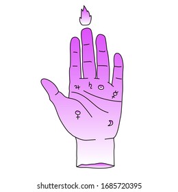 Hand drawn palm with alchemical symbols in simple line art style. Vector illustration for tattoo design or fashion print.