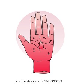 Hand drawn palm with alchemical symbols in simple line art style. Vector illustration for tattoo design or fashion print.