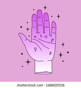 Hand drawn palm with alchemical symbols in simple line art style. Vector illustration for tattoo design or fashion print.