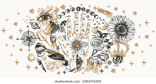 Hand drawn palm with astrological symbols, moon, sun, planets, stars, flowers. Chiromancy palm, palmistry background, decorative print design.