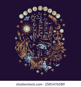 Hand drawn palm with astrological symbols, moon, sun, planets, stars, flowers. Chiromancy palm, palmistry background, decorative print design.