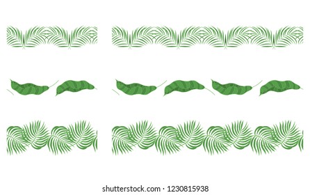 Hand drawn palm, banana leaves borders. Tropical leaf brush stroke for invitation card. Vector isolated illustration.