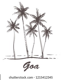 Hand Drawn Palm Beach,Goa Sketch Vector Illustration.Isolated On White Background.