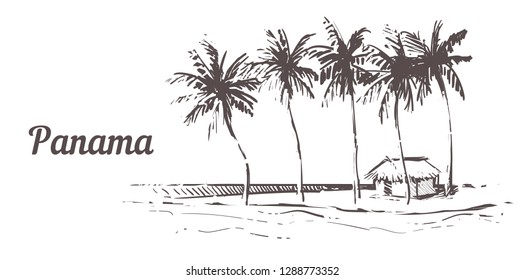 Hand drawn palm beach.Panama island with beach house,sketch vector illustration.Isolated on white background. 