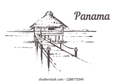 Hand drawn palm beach.Panama resort with beach house,sketch vector illustration.Isolated on white background. 