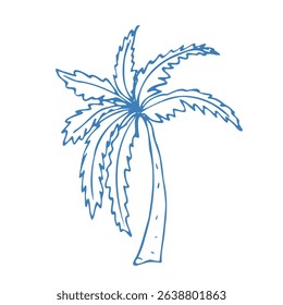 Hand drawn palm in doodle style. Mediterranean summer icon, element for italian menu, print, invitation. Ink sketch design of summer beach. Blue flat tropical minimalist isolated vector illustration.
