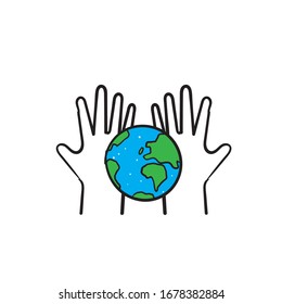 hand drawn palm hand and earth symbol for save earth illustration doodle style