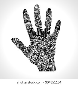 Hand drawn palm isolated on white - zentangle style. Black white. Vector format