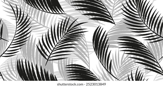 Desenhado à mão folha palma silhueta padrão sem costura, planta tropical temático design de tecido.