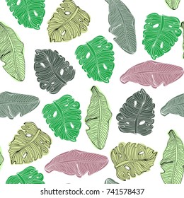 Hand drawn palm leaves. Colored graphic vector seamless pattern